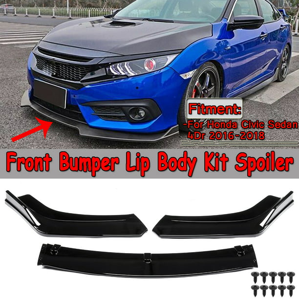 3PCS Gloss Black Front Bumper Cover Lip Body Kit For Honda Civic 2016-2018